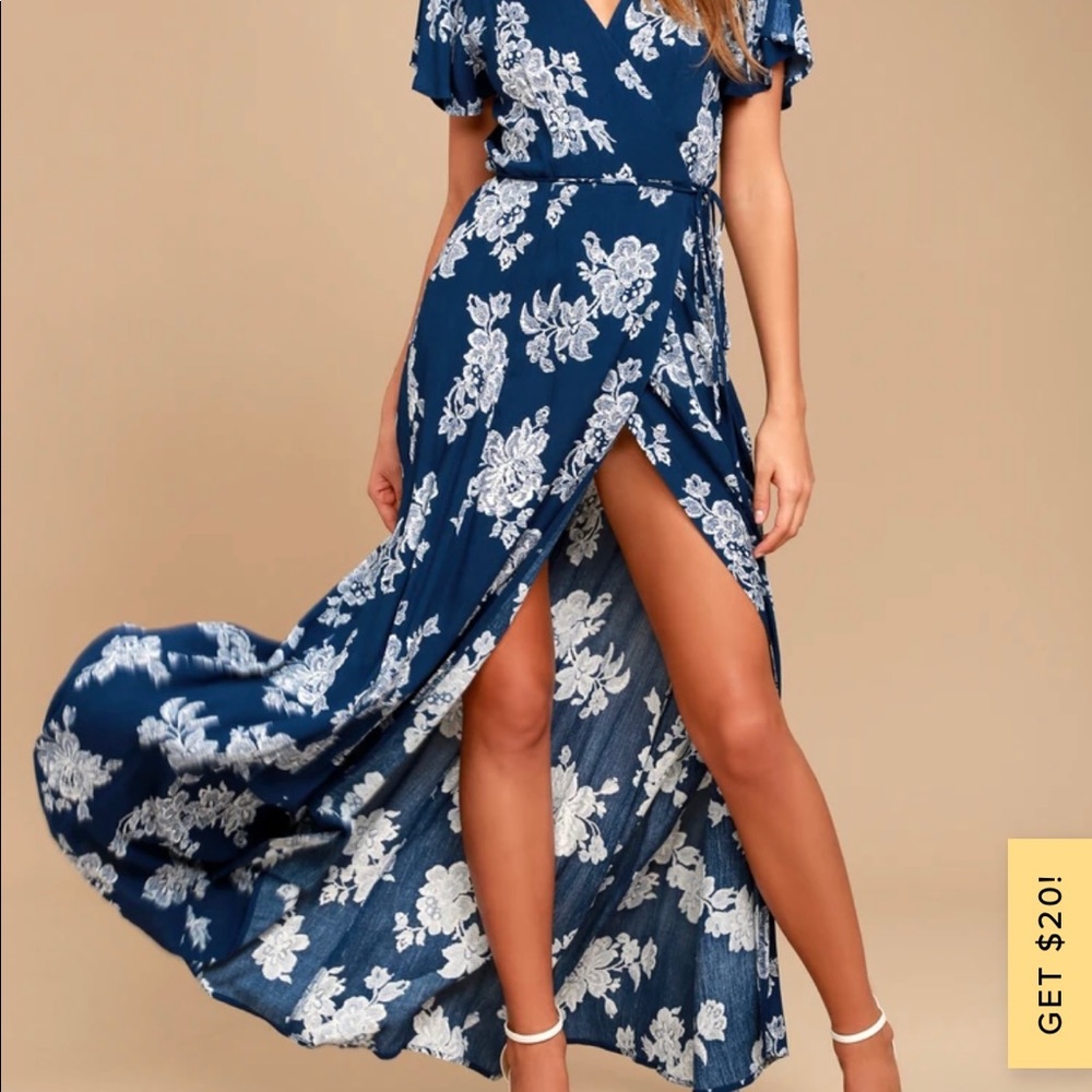 Lulus Heart of Marigold Navy floral wrap dress L